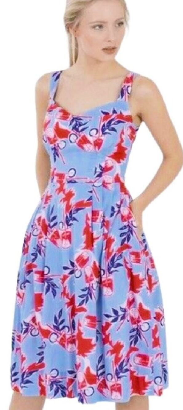 Emily & Fin ModCloth Dress Sun Flare Summer Drink Cocktail Retro Blue Red XS